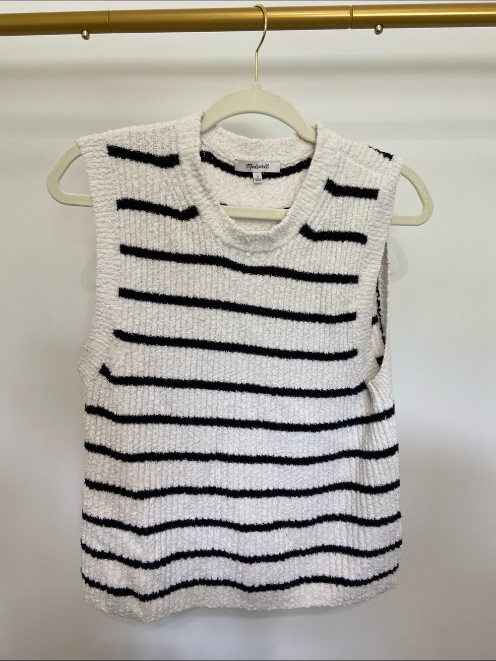 Madewell Cream and Black Striped Sleeveless Knit Sweater